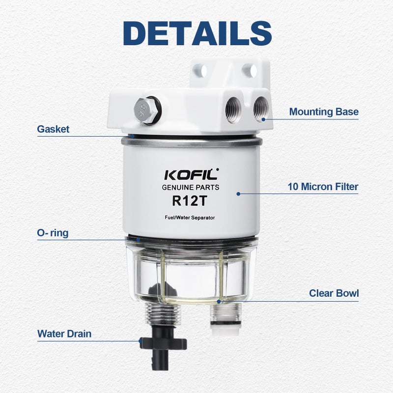 Kofil R12T Fuel Water Separator Marine Fuel Filter/Water Separator Assembly, for Outboard Motor Marine Engine, Replaces# S3240 120AT with 2 3/8" Barb Ã— 1/4" NPT Male Fittings 2 Plugs,10 Micron - Image 5